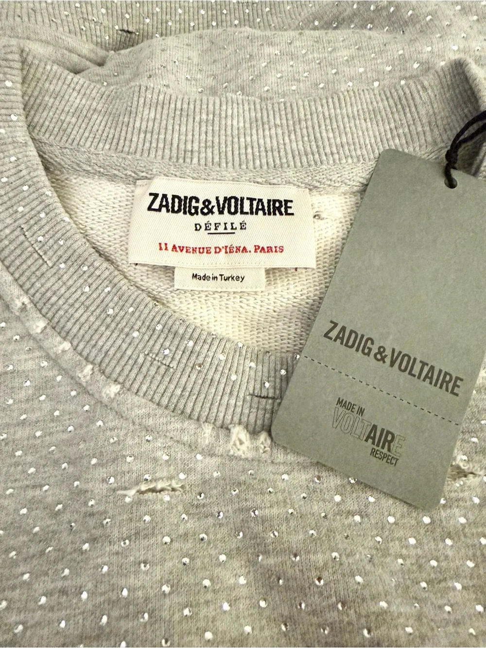 Zadig & Voltaire Edmond Strass Distressed Rhinestone Sweatshirt NWT XS/S Gray - Picture 9 of 11